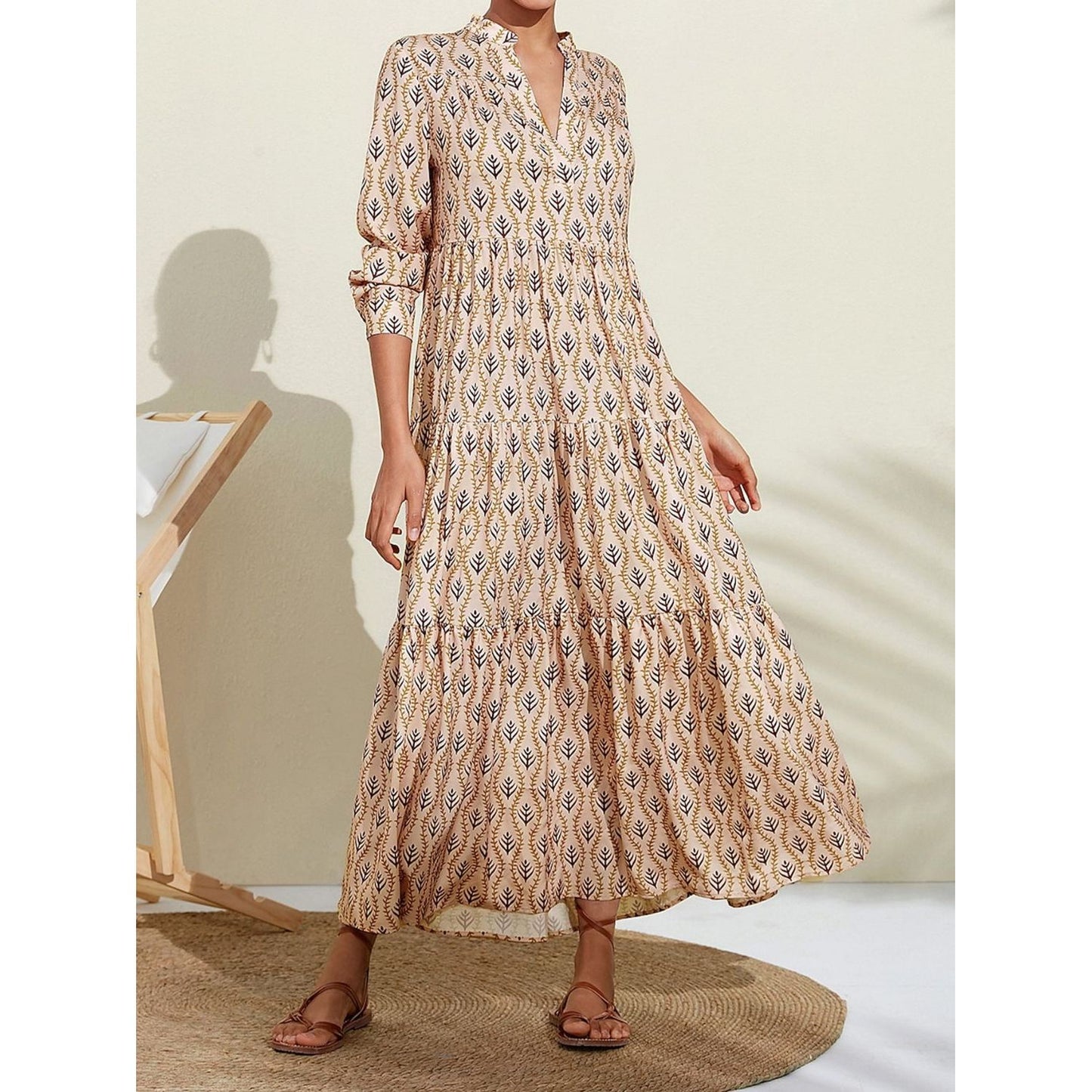 Printed Notched Long Sleeve Midi Dress