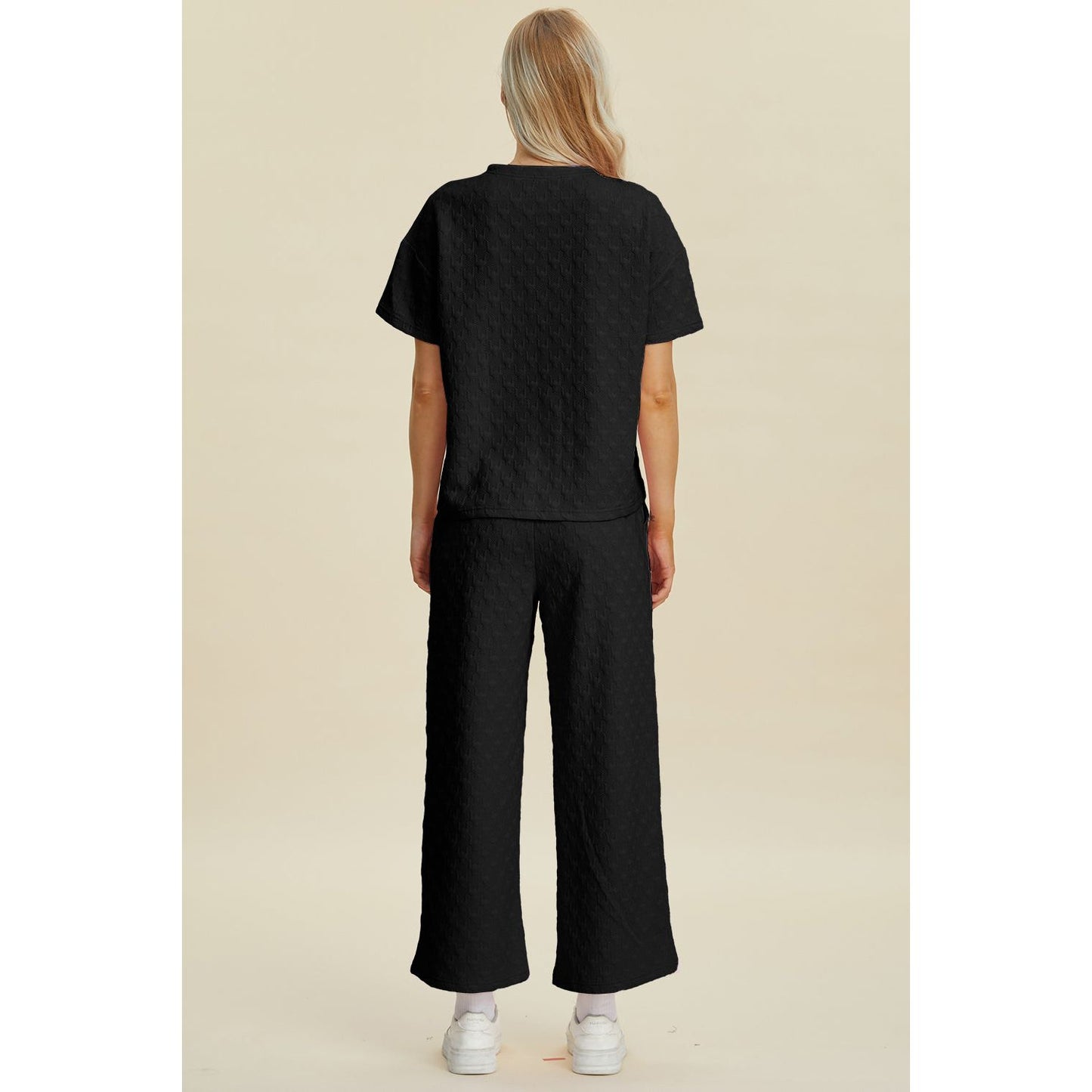 Double Take Full Size Texture Round Neck Short Sleeve Top and Pants Set