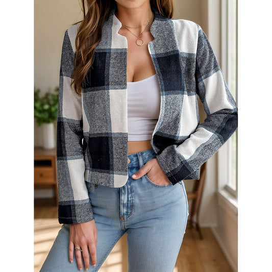 Plaid Open Front Long Sleeve Jacket