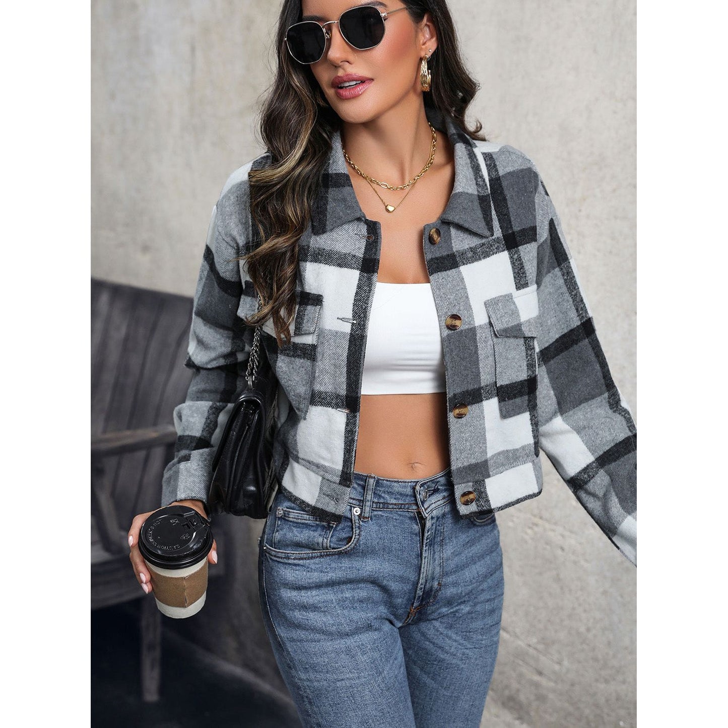 Perfee Plaid Button Up Drop Shoulder Cropped Jacket