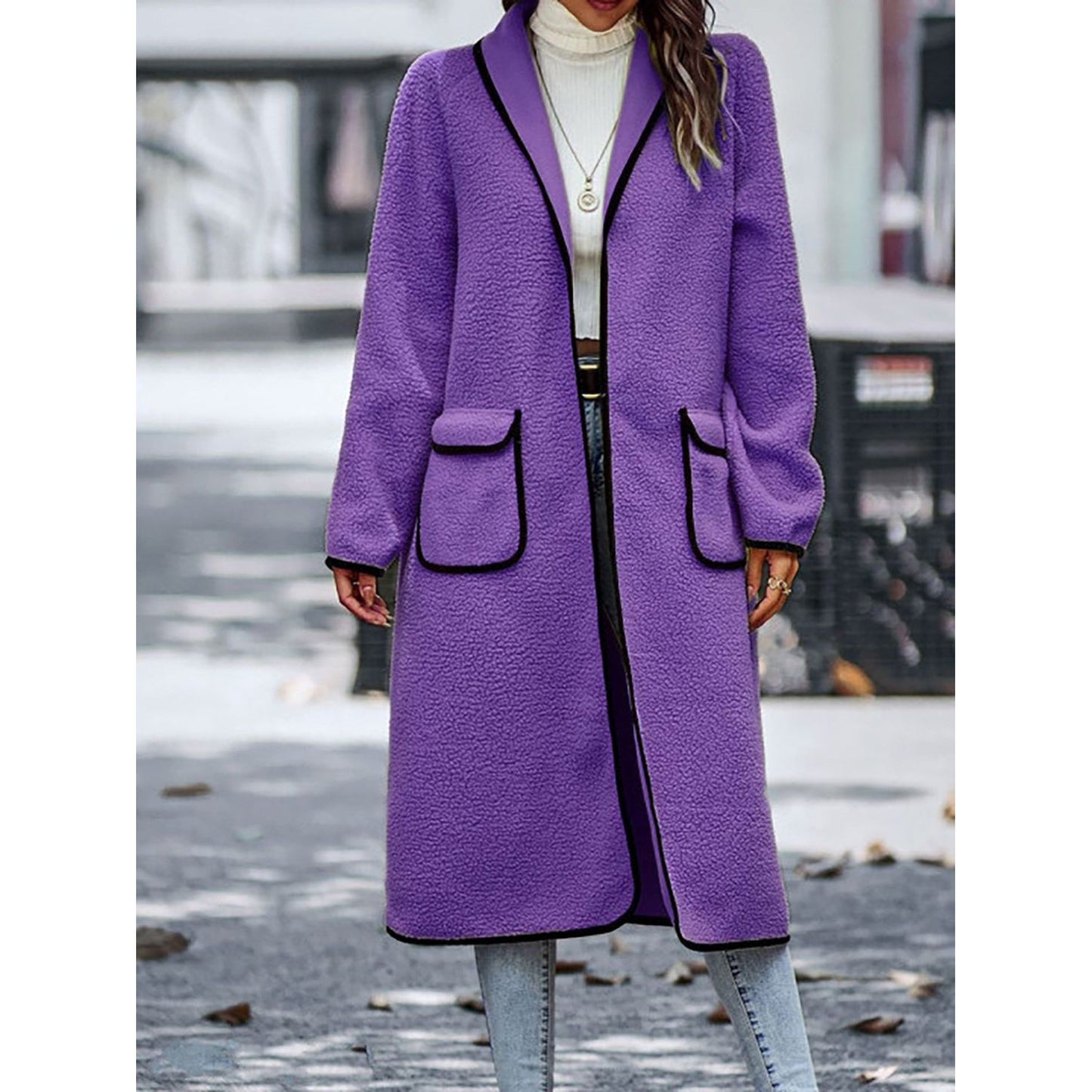 Full Size Contrast Trim Long Sleeve Coat with Pockets