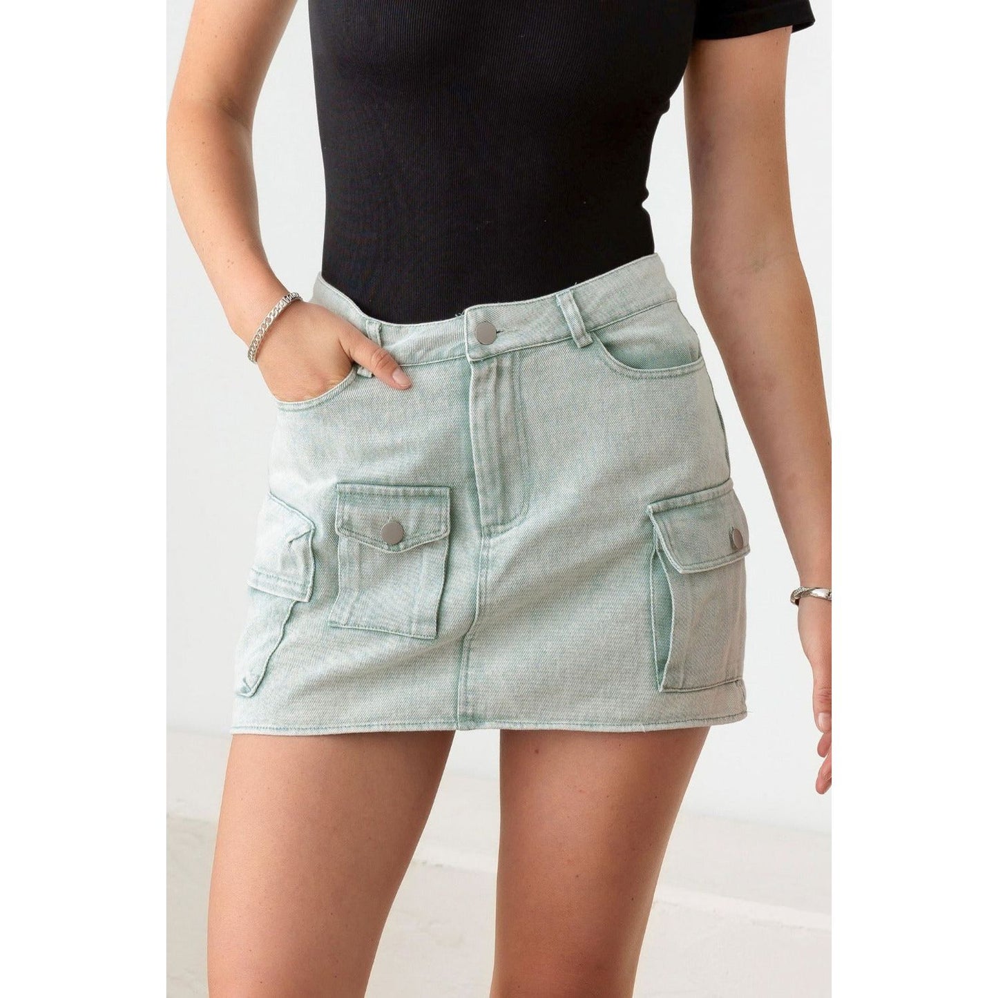 Le Lis High Waist Cargo Denim Mini Skirts