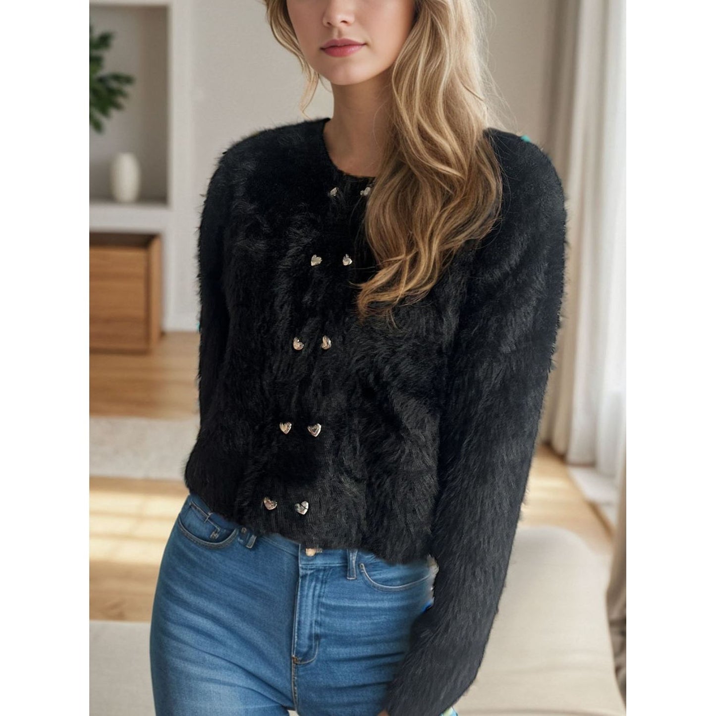 Heart Button Round Neck Cardigan