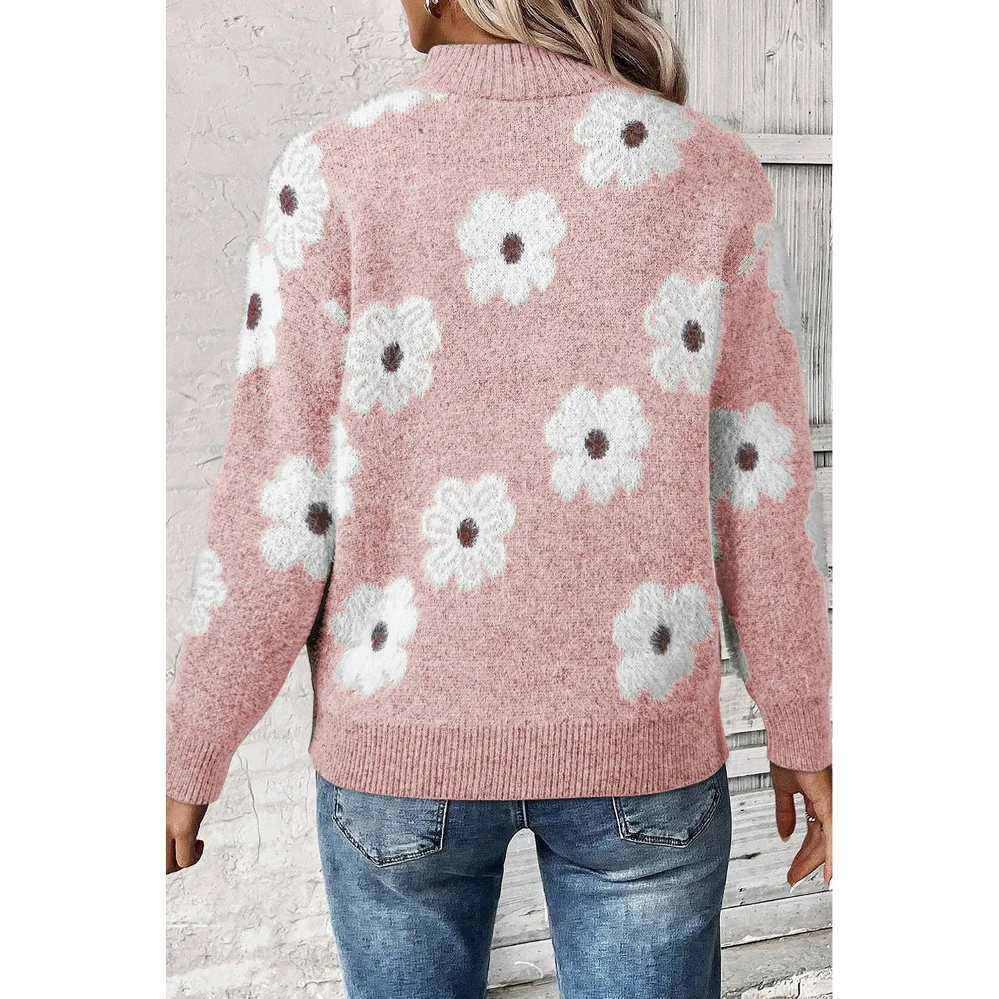 Flower Half Zip Long Sleeve Sweater