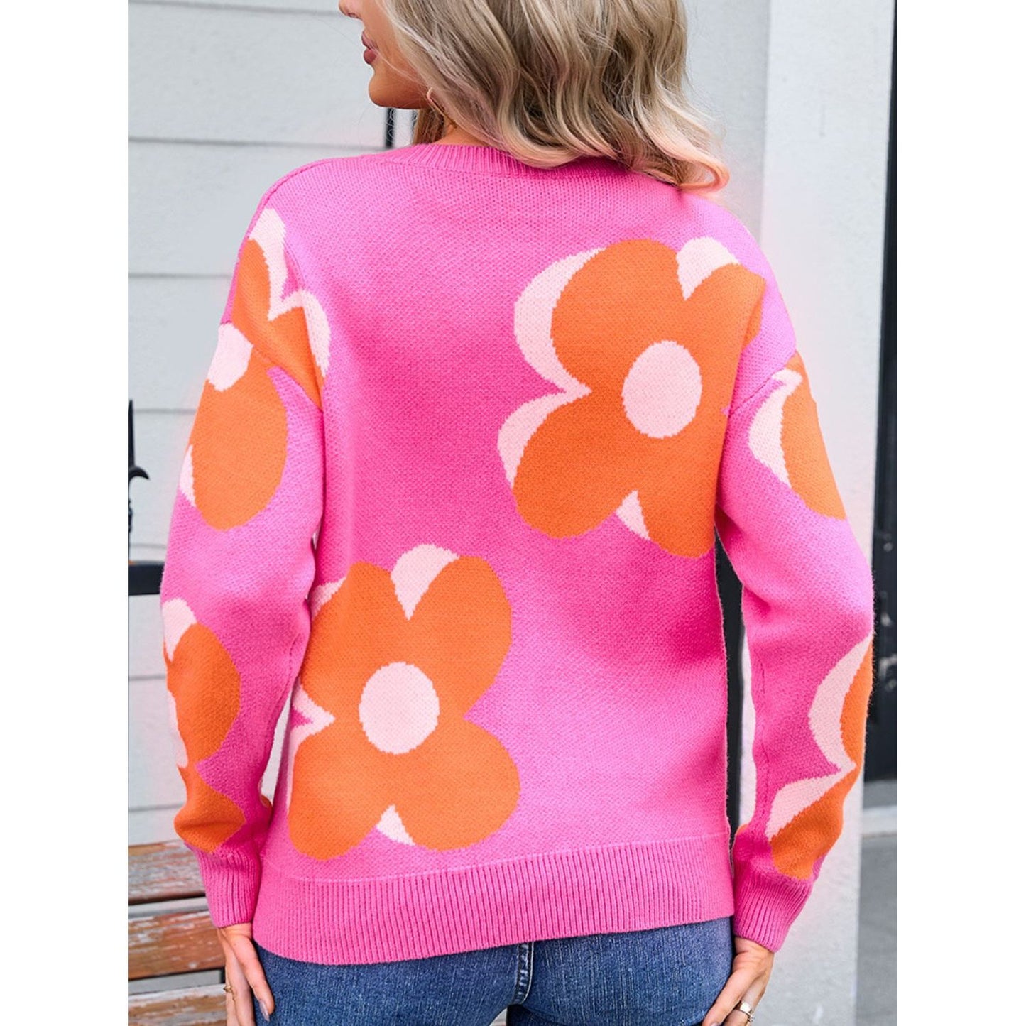 Angel Wings Flower Round Neck Long Sleeve Sweater