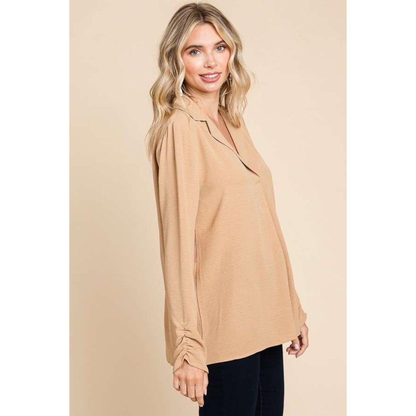 Culture Code Full Size Lapel Collar Ruched Long Sleeve Blouse