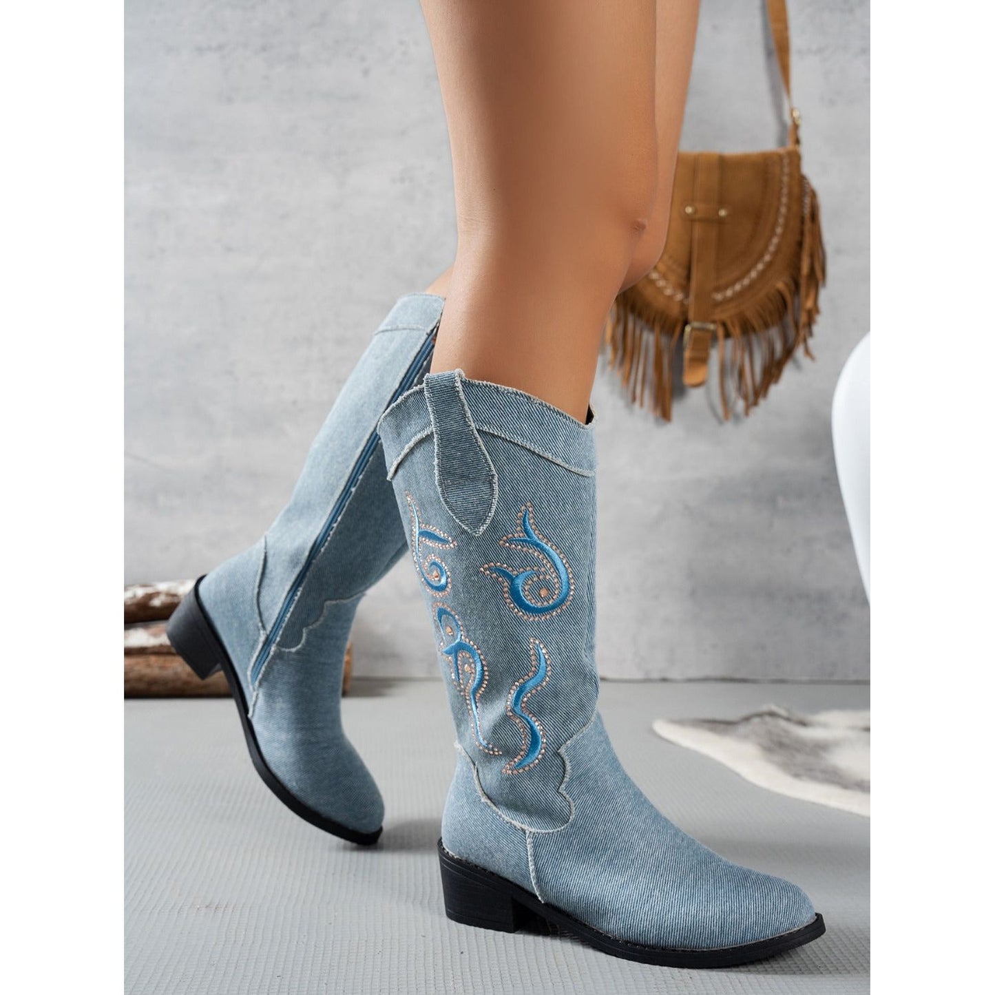 Embroidered Point Toe Block Heel Boots