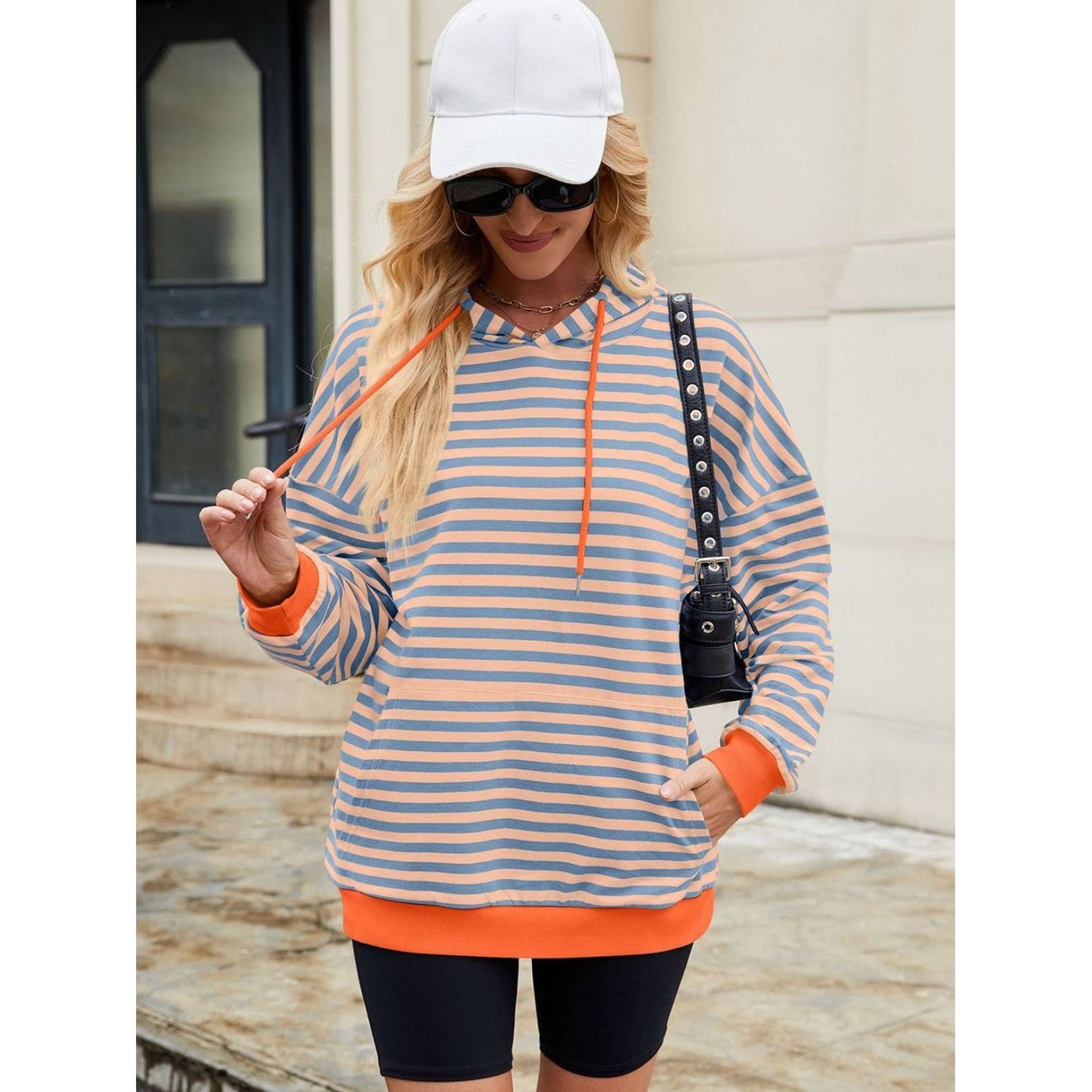 Drawstring Contrast Striped Long Sleeve Hoodie