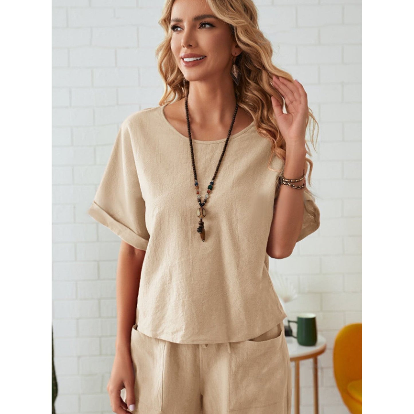 Round Neck Half Sleeve Top and Pocketed Pants Set