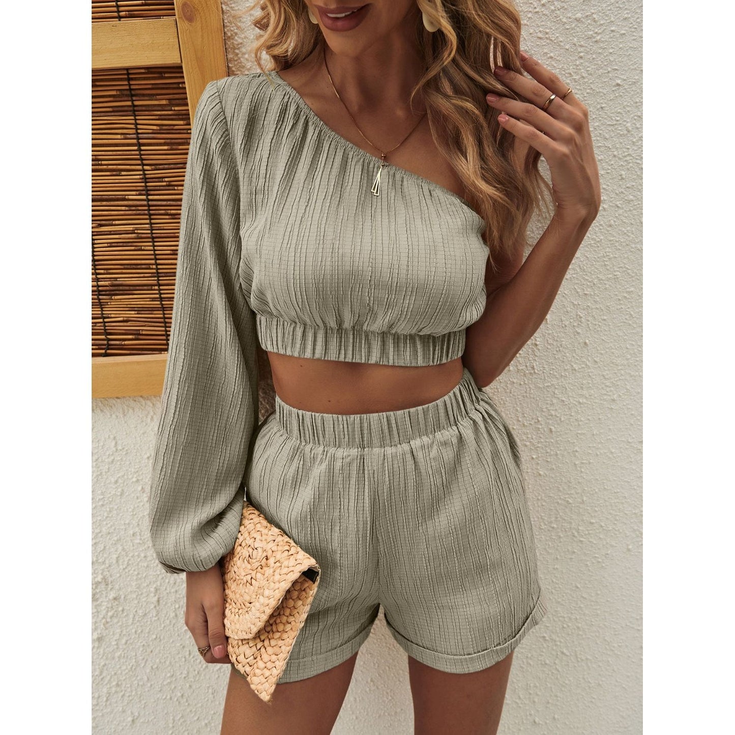 Honey One Shoulder Long Sleeve Top and Shorts Set