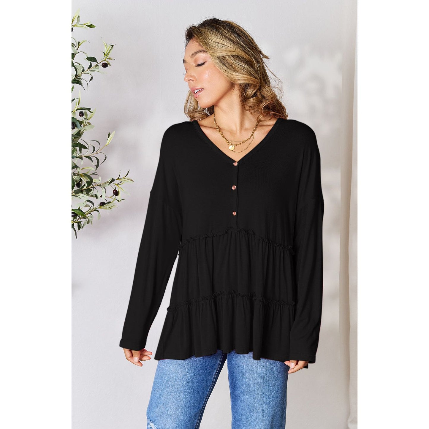 Double Take Half Button Long Sleeve Ruffle Hem Blouse