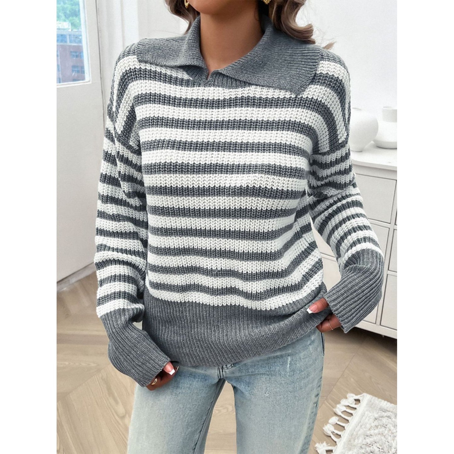 Devine Striped Collared Neck Long Sleeve Sweater