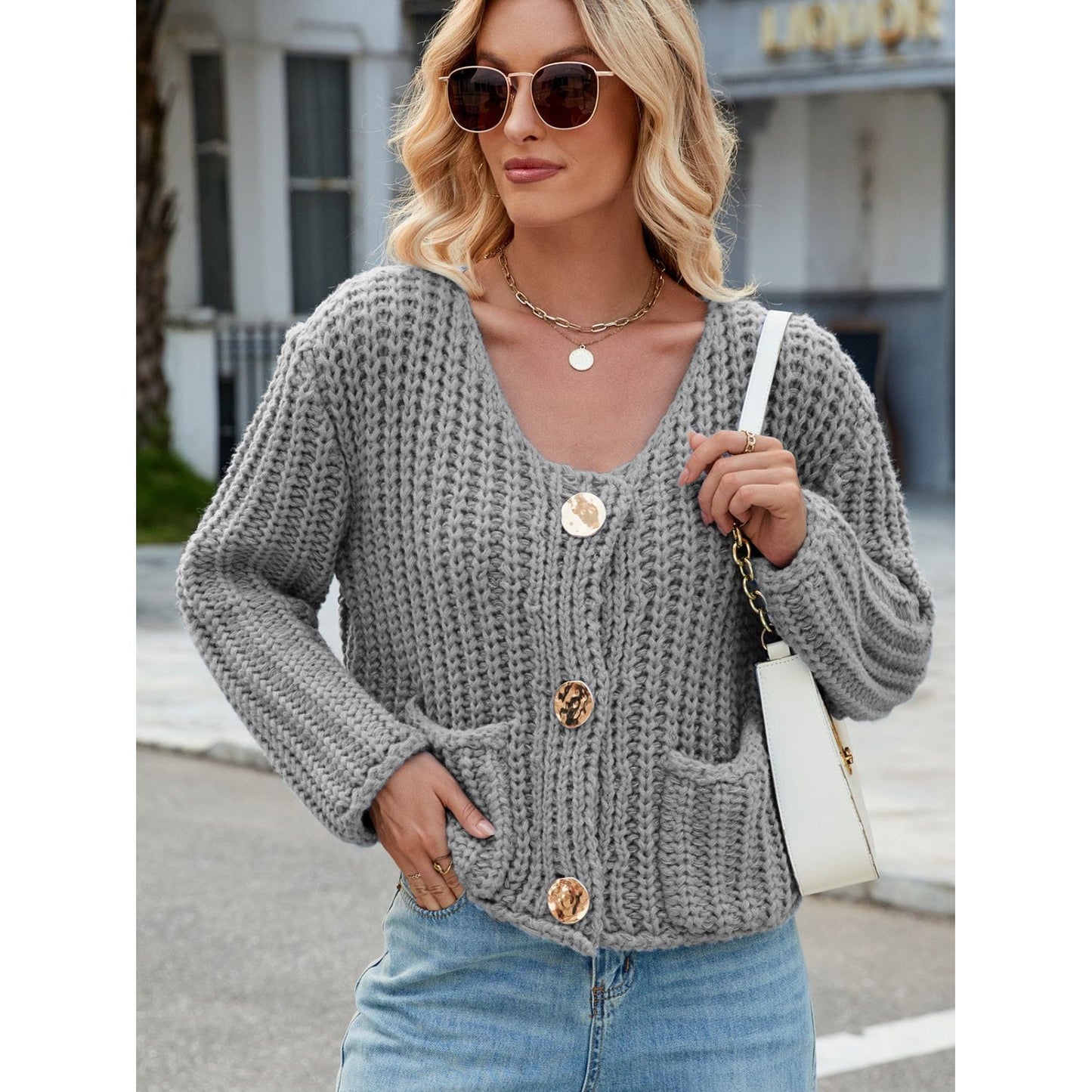 Round Neck Button Up Cardigan with Pockets