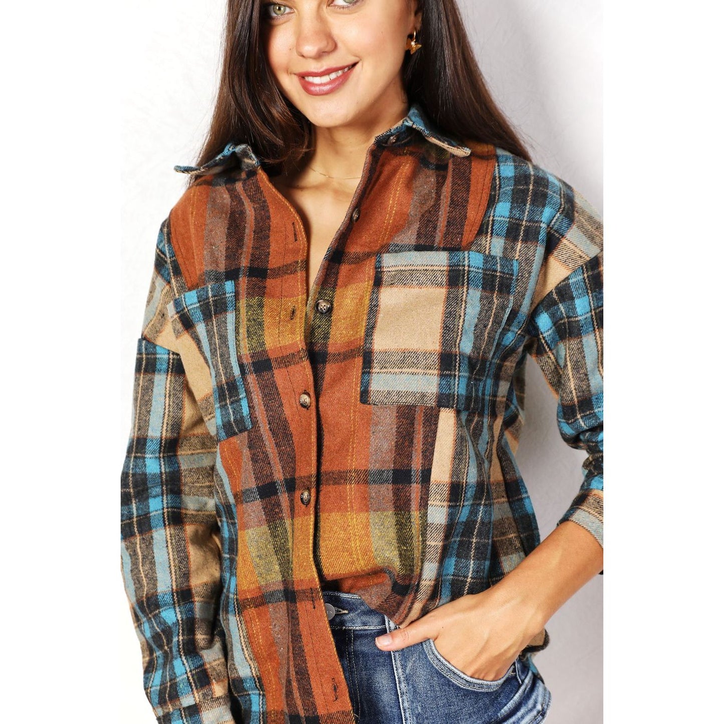 Double Take Plaid Curved Hem Shirt Jacket with Breast Pockets