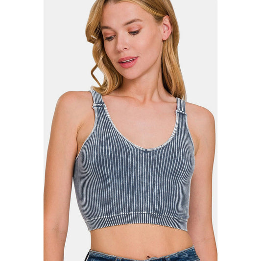 Zenana Washed Ribbed Cropped V-Neck Tank