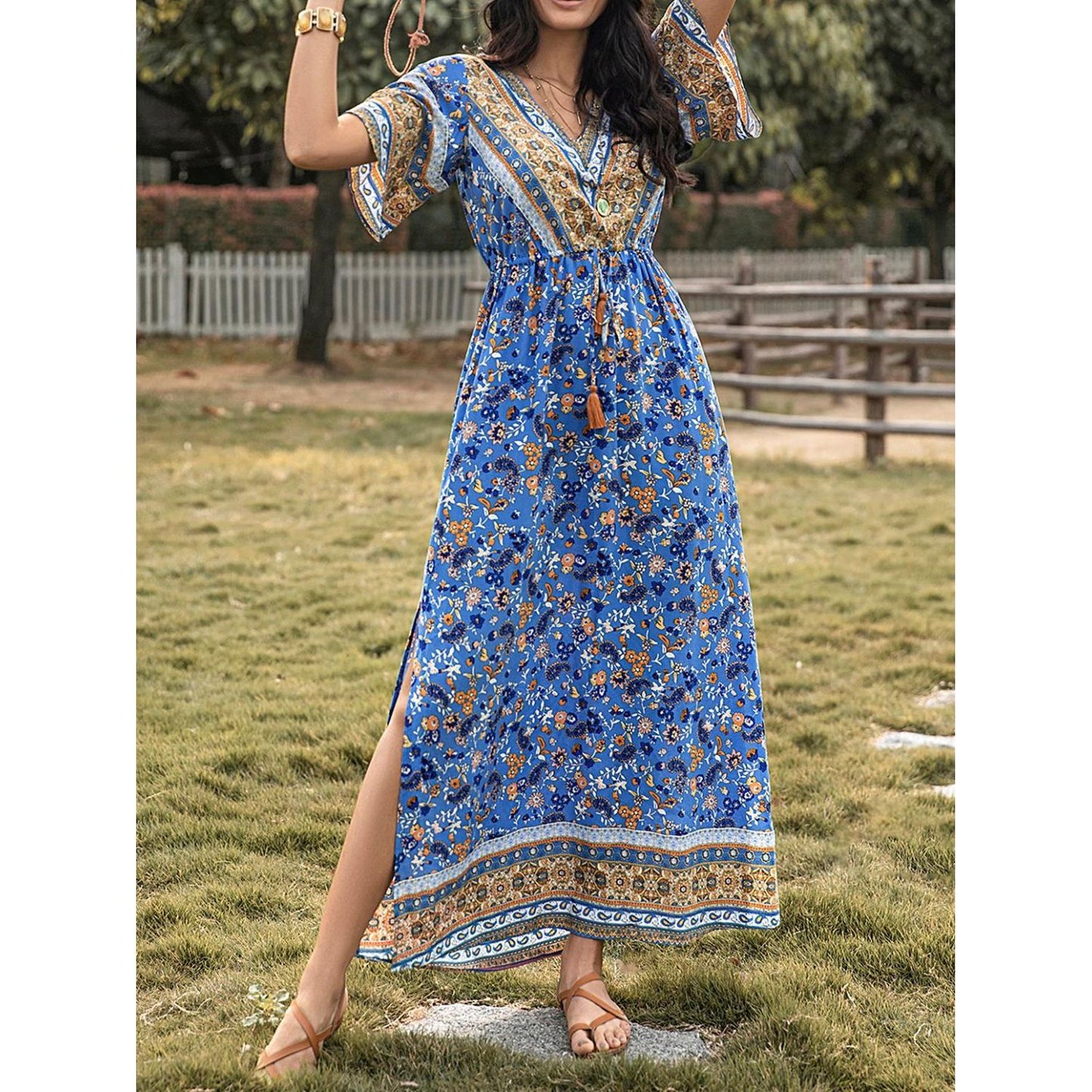 Slit Printed V-Neck Half Sleeve Maxi Dress