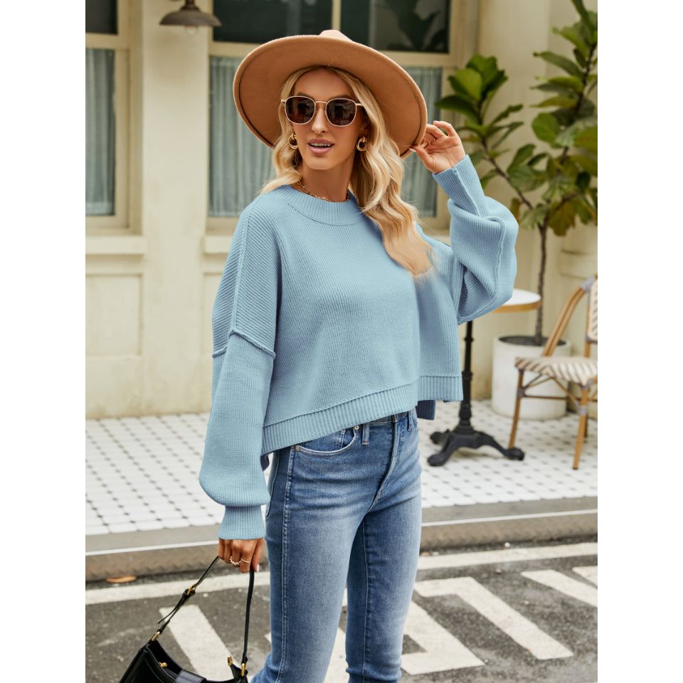 Round Neck Lantern Sleeve Sweater