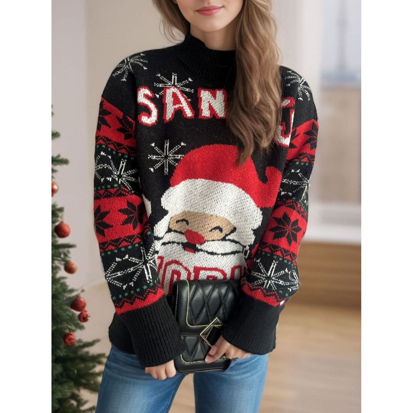 Santa Mock Neck Long Sleeve Sweater