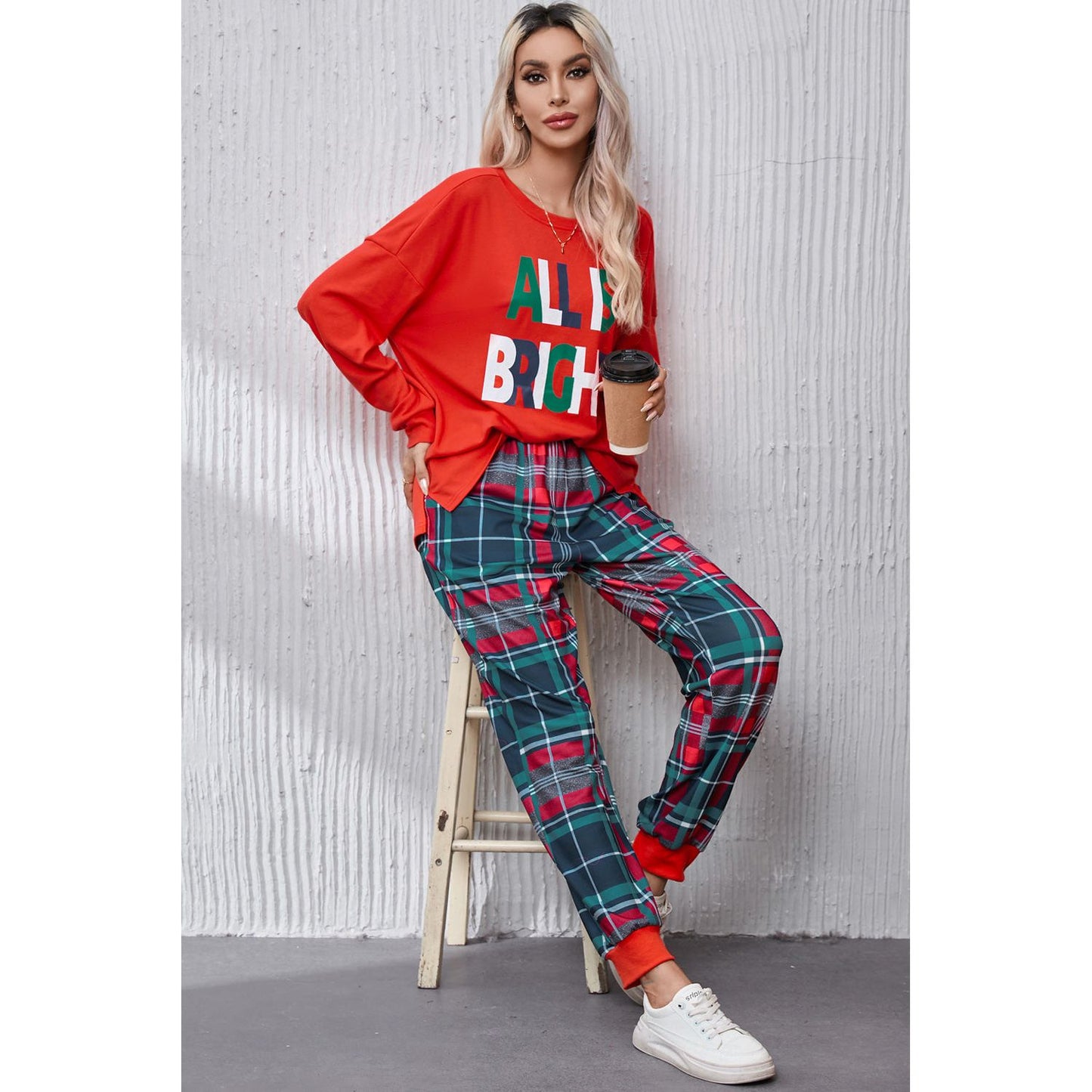 ALL IS BRIGHT Round Neck Top and Plaid Pants Lounge Set