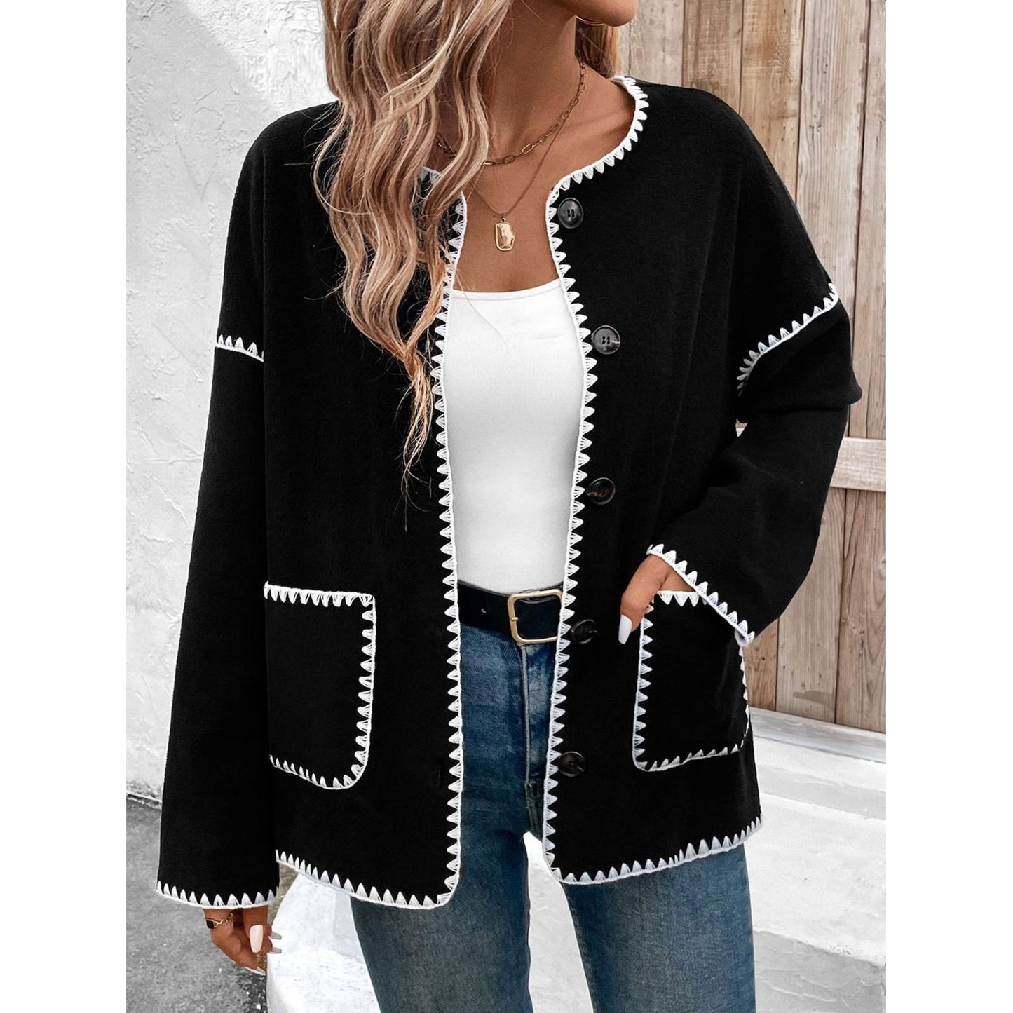 Perfee Pocketed Contrast Button Up Jacket