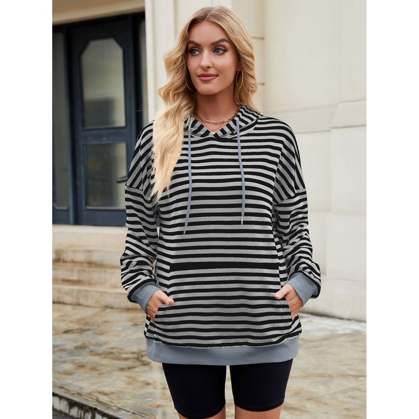 Drawstring Contrast Striped Long Sleeve Hoodie