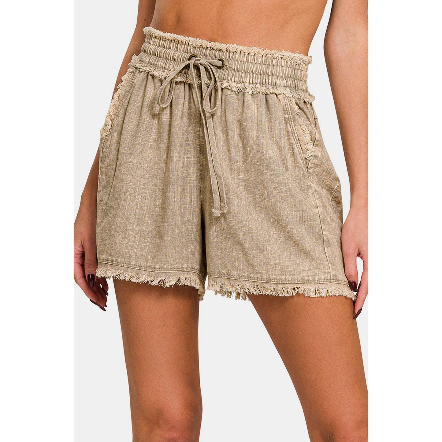 Zenana Washed Linen Frayed Hem Drawstring Shorts