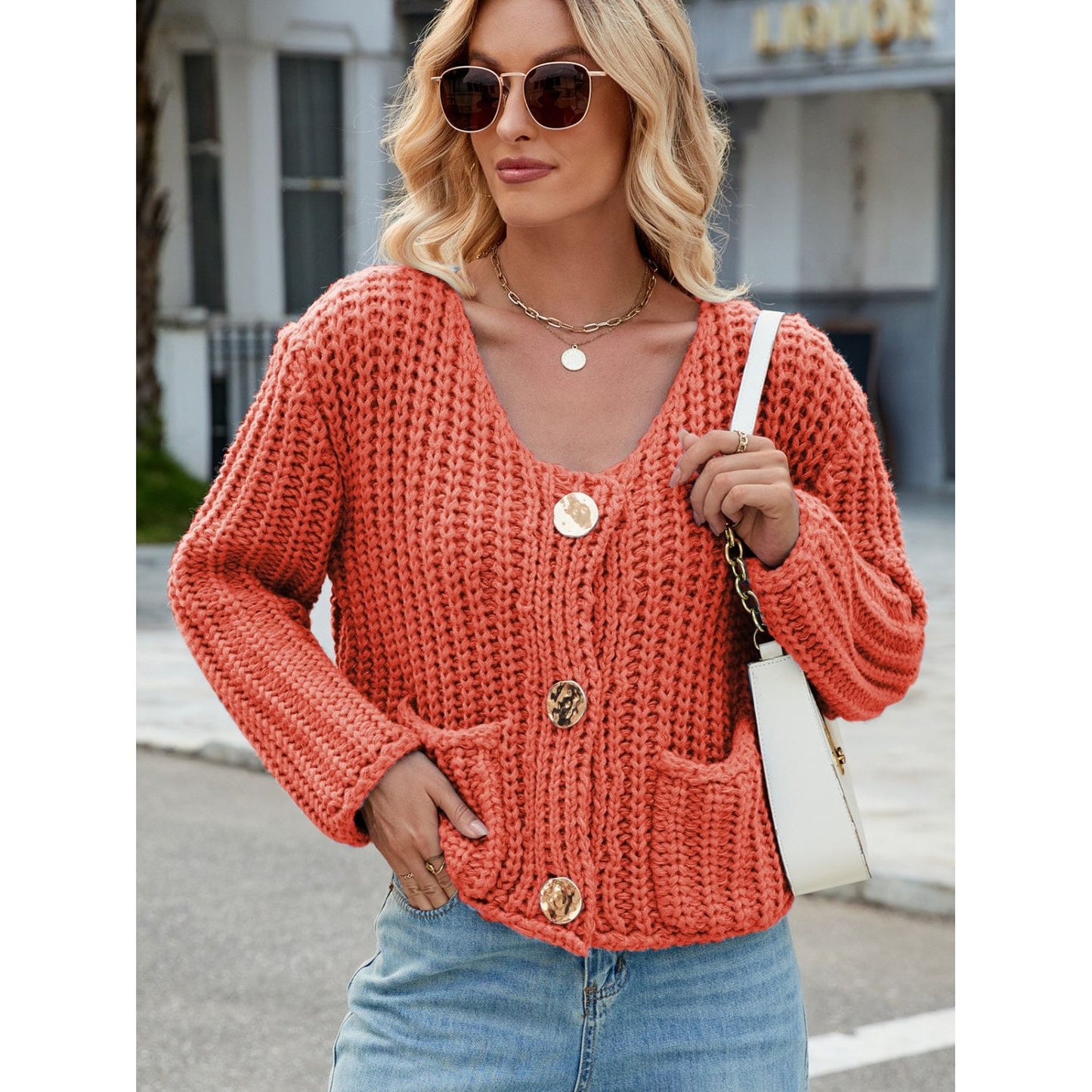 Round Neck Button Up Cardigan with Pockets