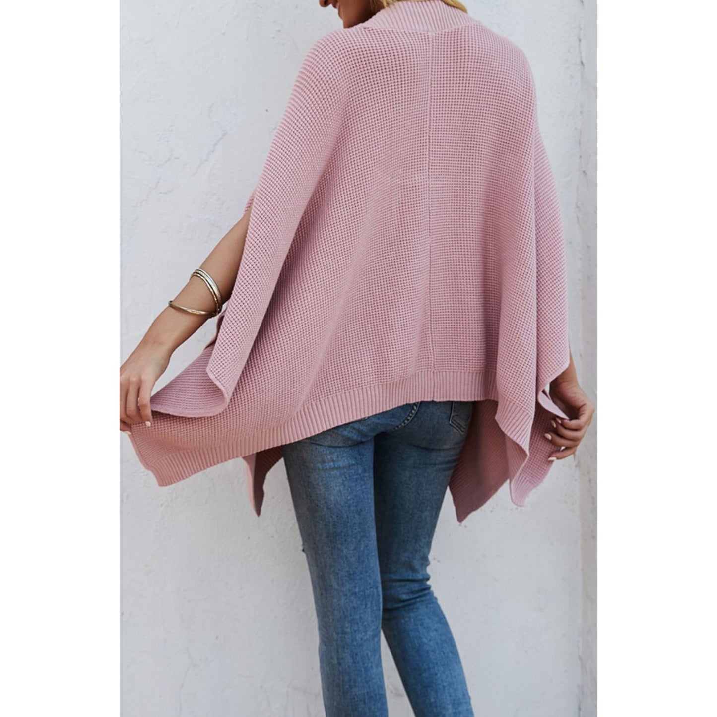 Waffle-Knit Pocketed Cape Sleeve Sweater