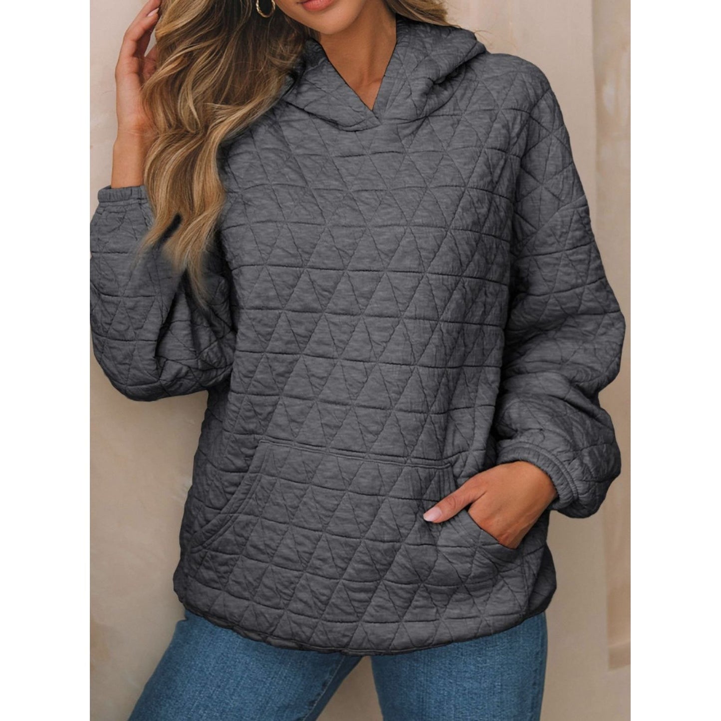 Textured Long Sleeve Hoodie with Pockets