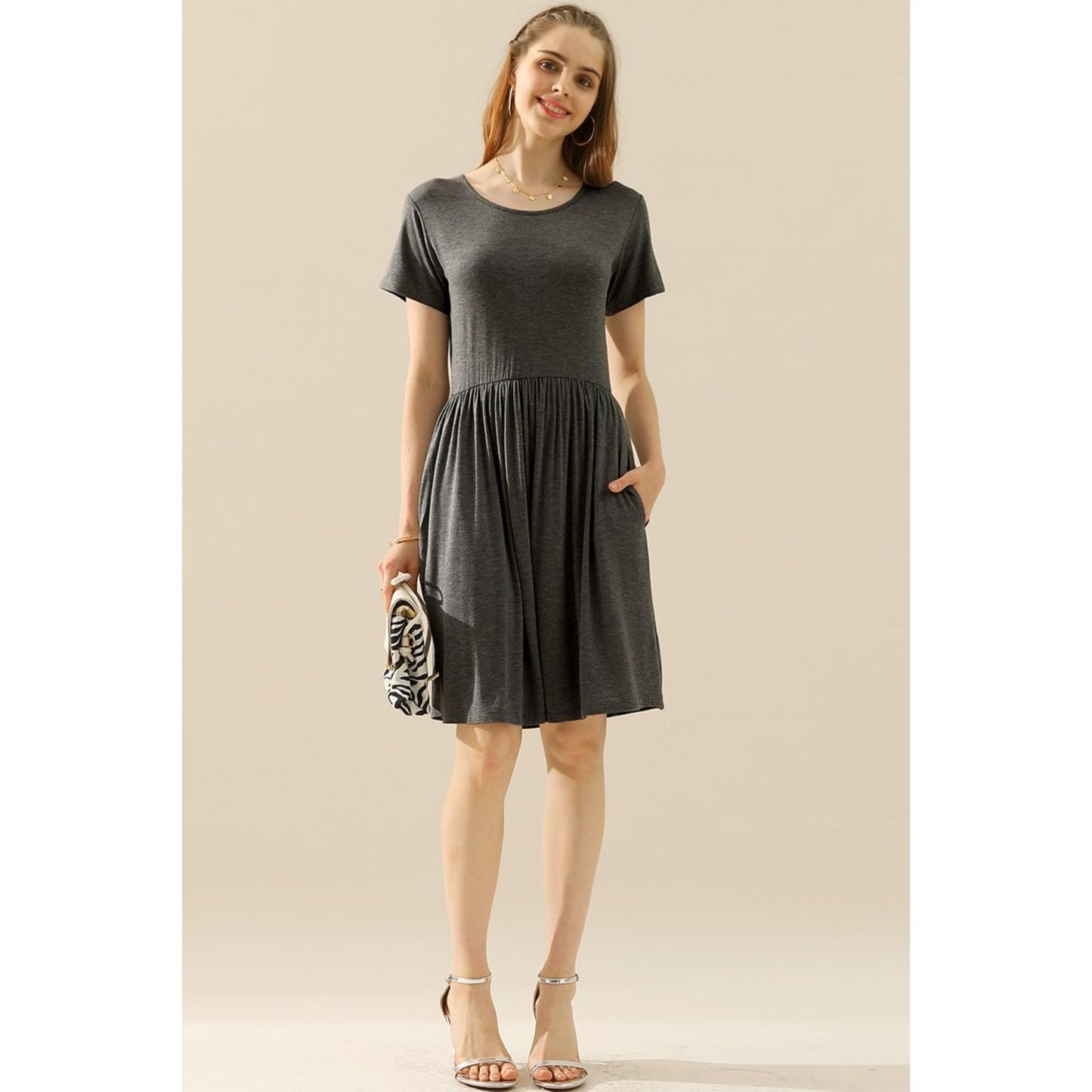 Ninexis Full Size Round Neck Ruched Dress with Pockets