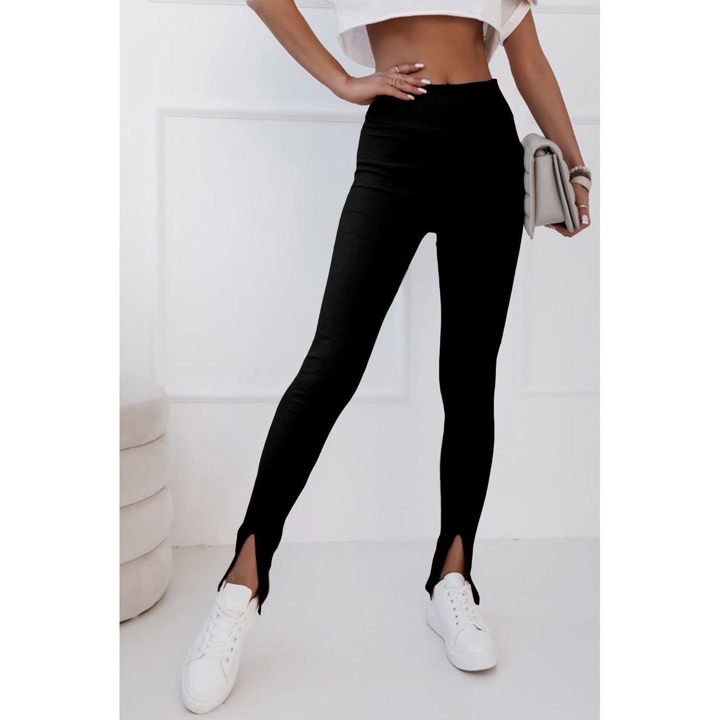 High Waist Ribbed Slit Leggings