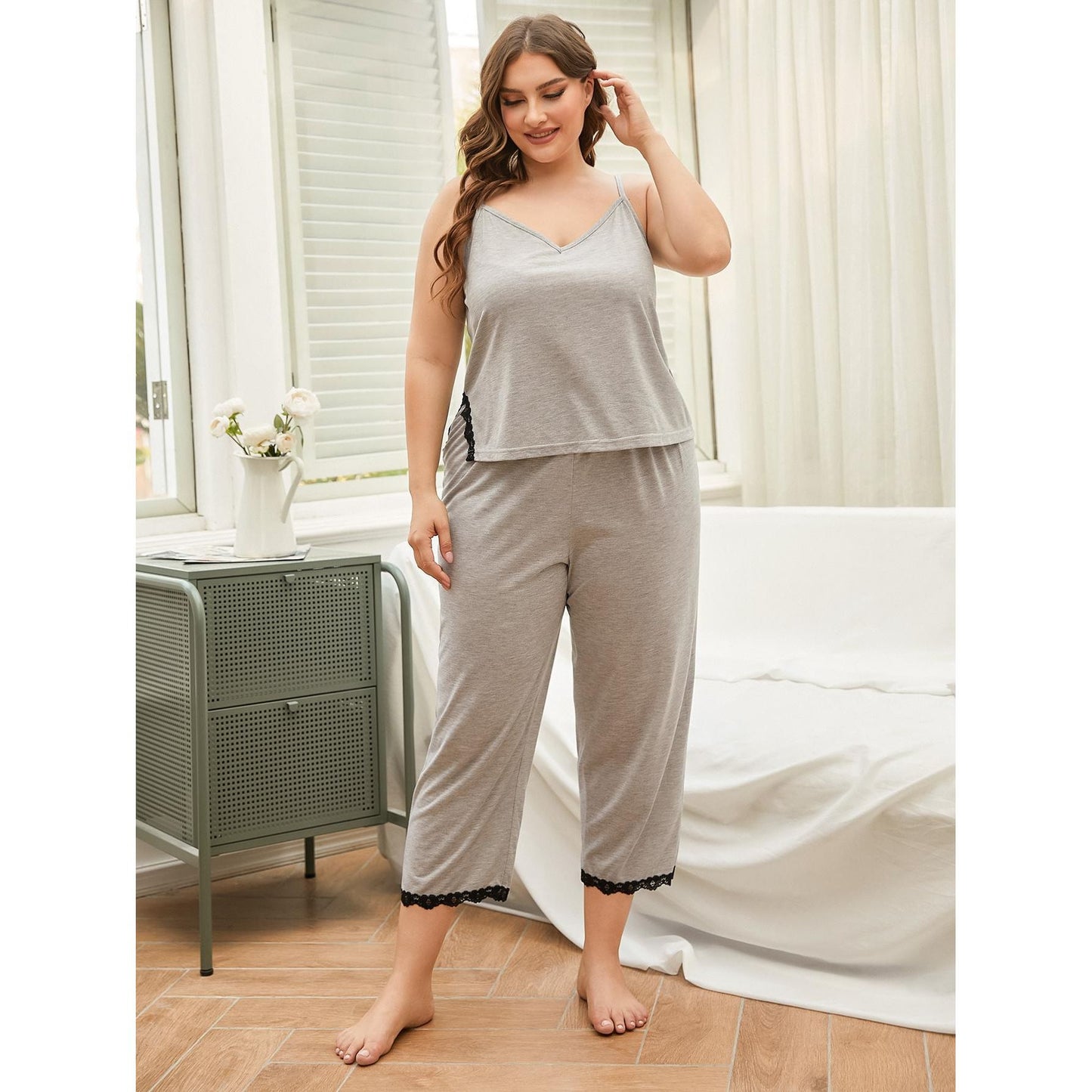 Plus Size Lace Trim Slit Cami and Pants Pajama Set