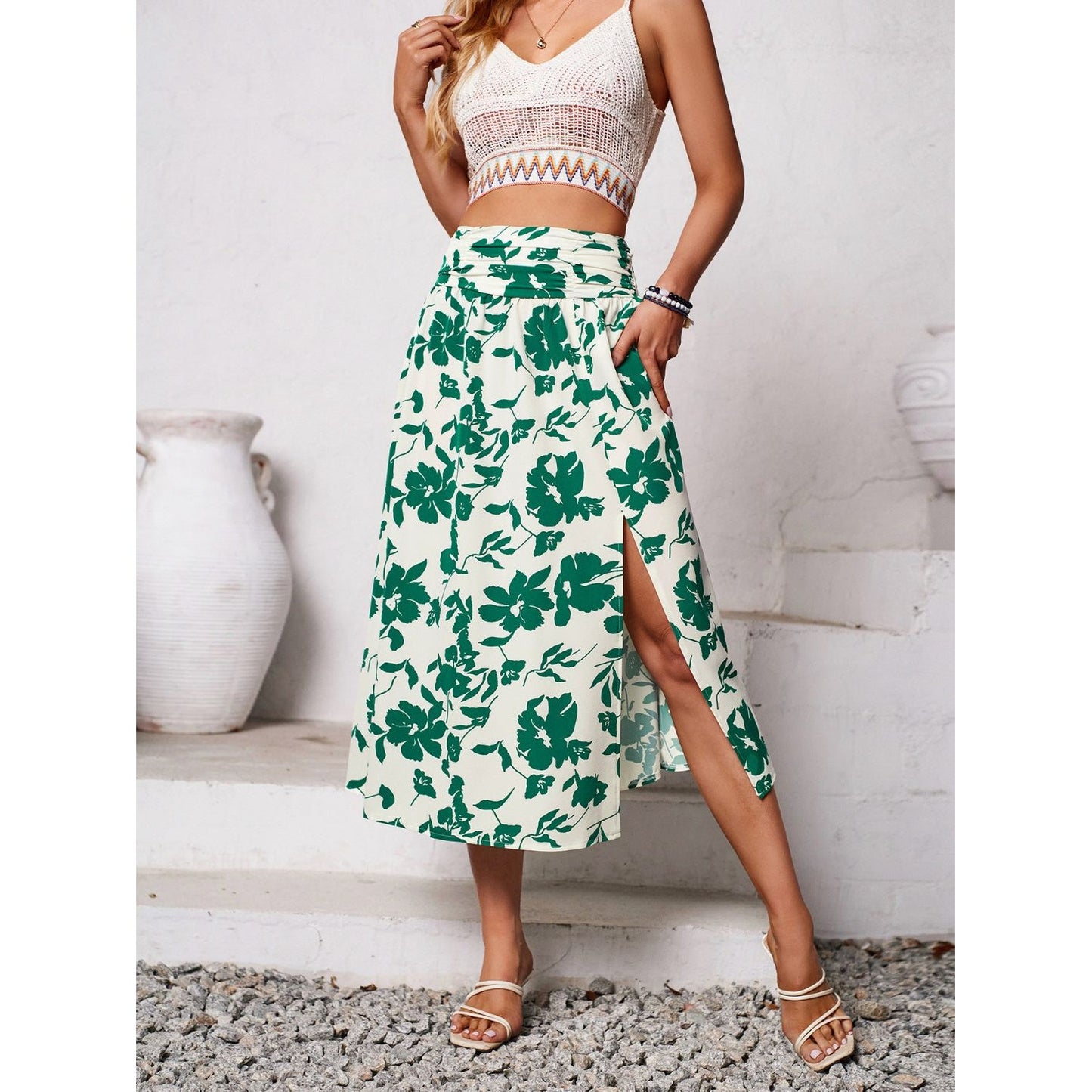 Slit Printed Midi Skirt