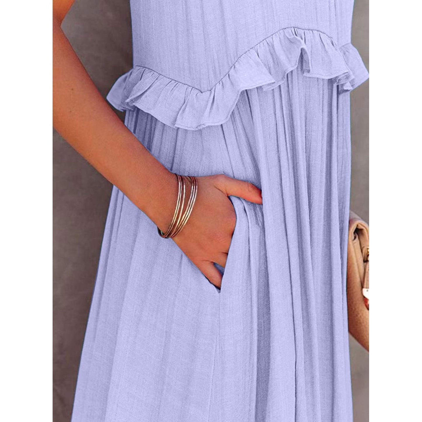 Ruffled Sleeveless Tiered Maxi Dress with Pockets