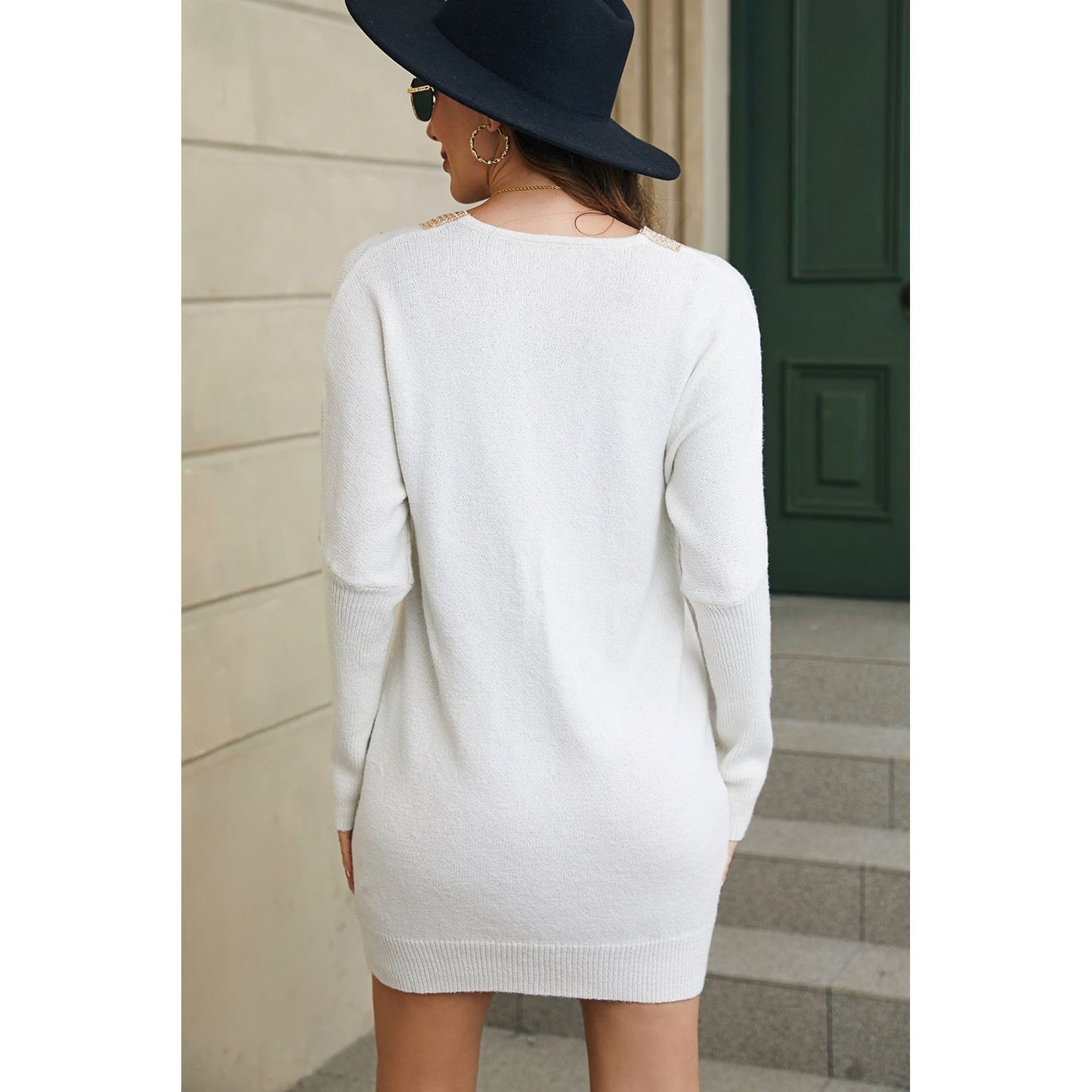 V-Neck Long Sleeve Mini Sweater Dress