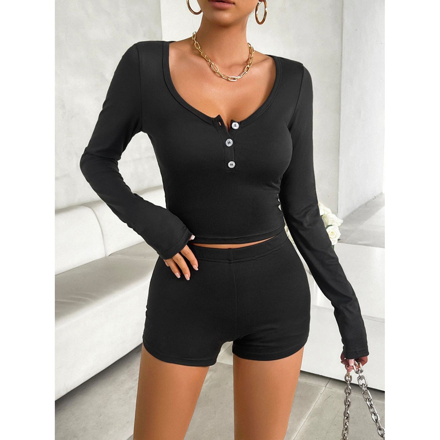 Devine Scoop Neck Long Sleeve Top and Shorts Set