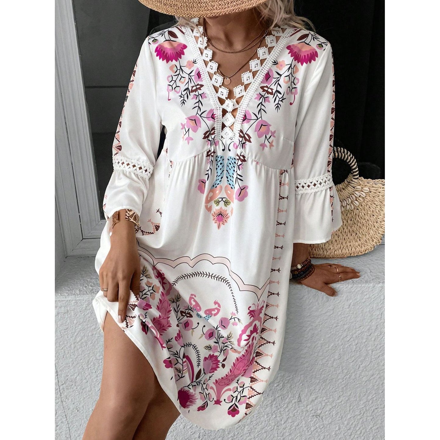 Lace Detail Printed Three-Quarter Sleeve Dress