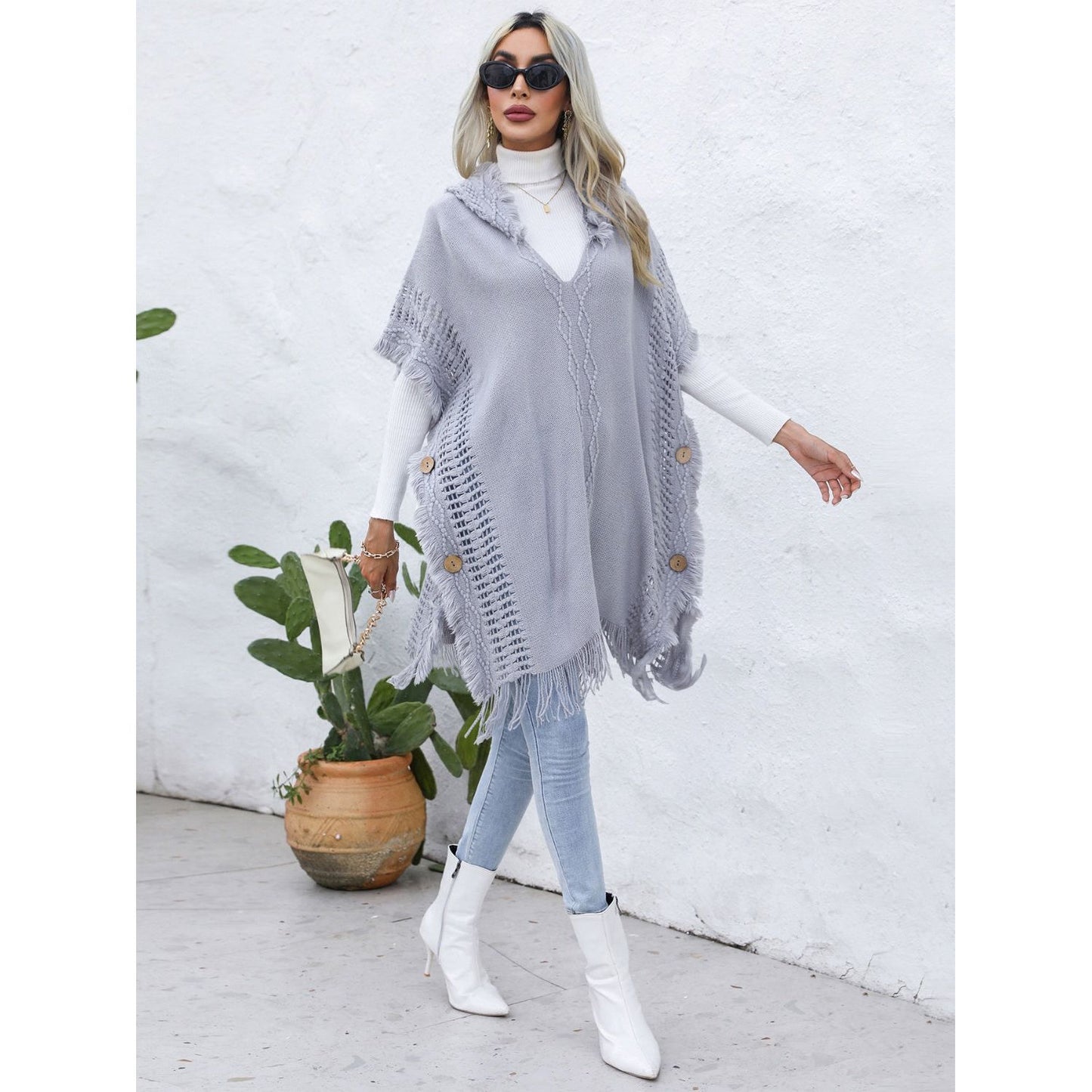 Fringe Trim Buttoned Hooded Poncho