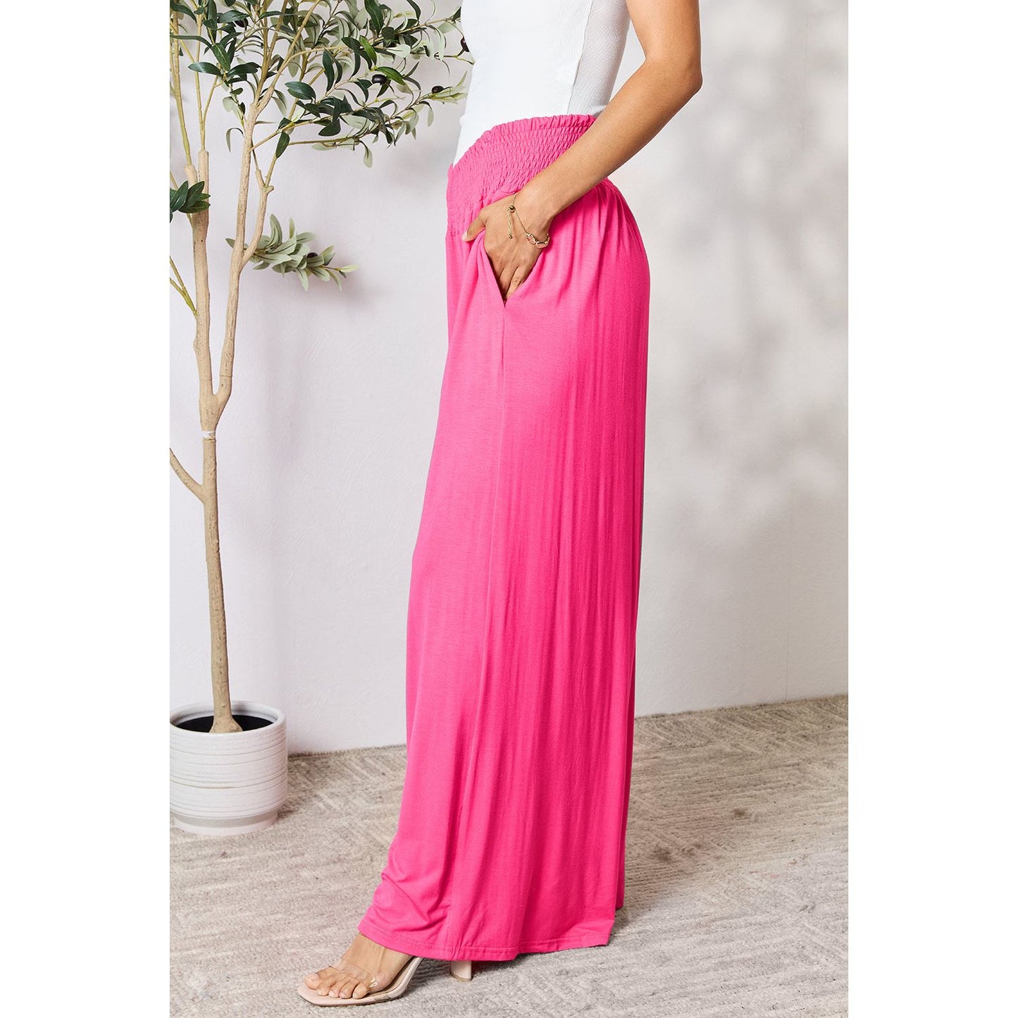 Double Take Full Size Smocked Wide Waistband Wide Leg Pants