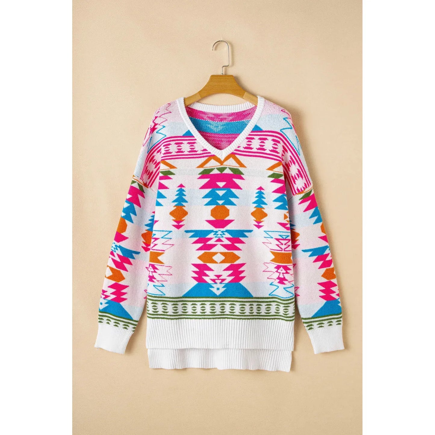 Geometric V-Neck Long Sleeve Sweater