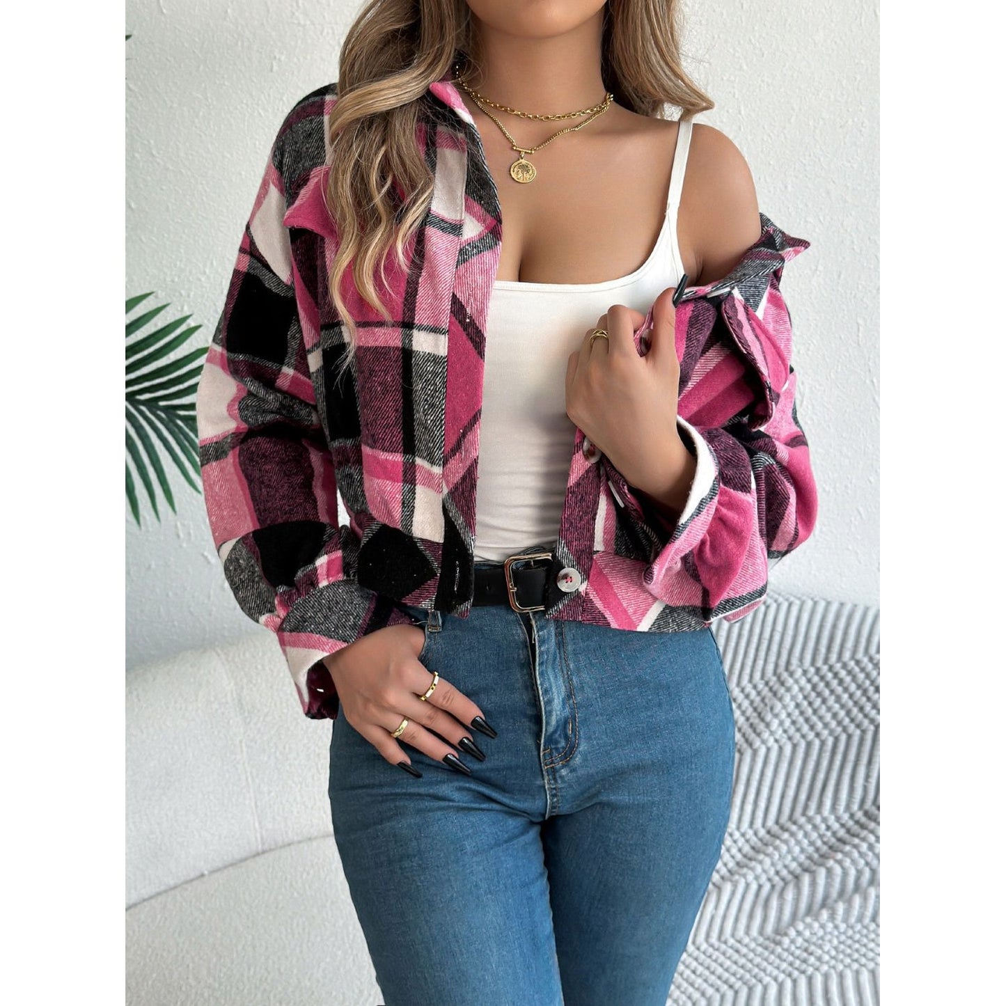 Plaid Button Up Long Sleeve Jacket