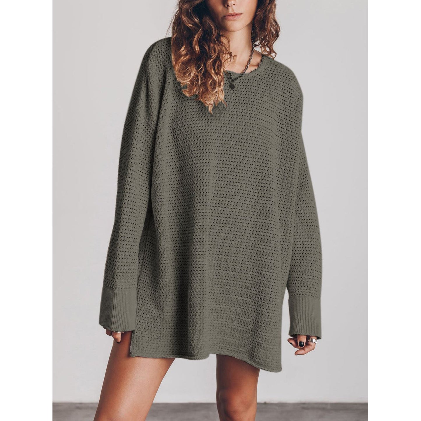 Openwork Round Neck Long Sleeve Slit Sweater