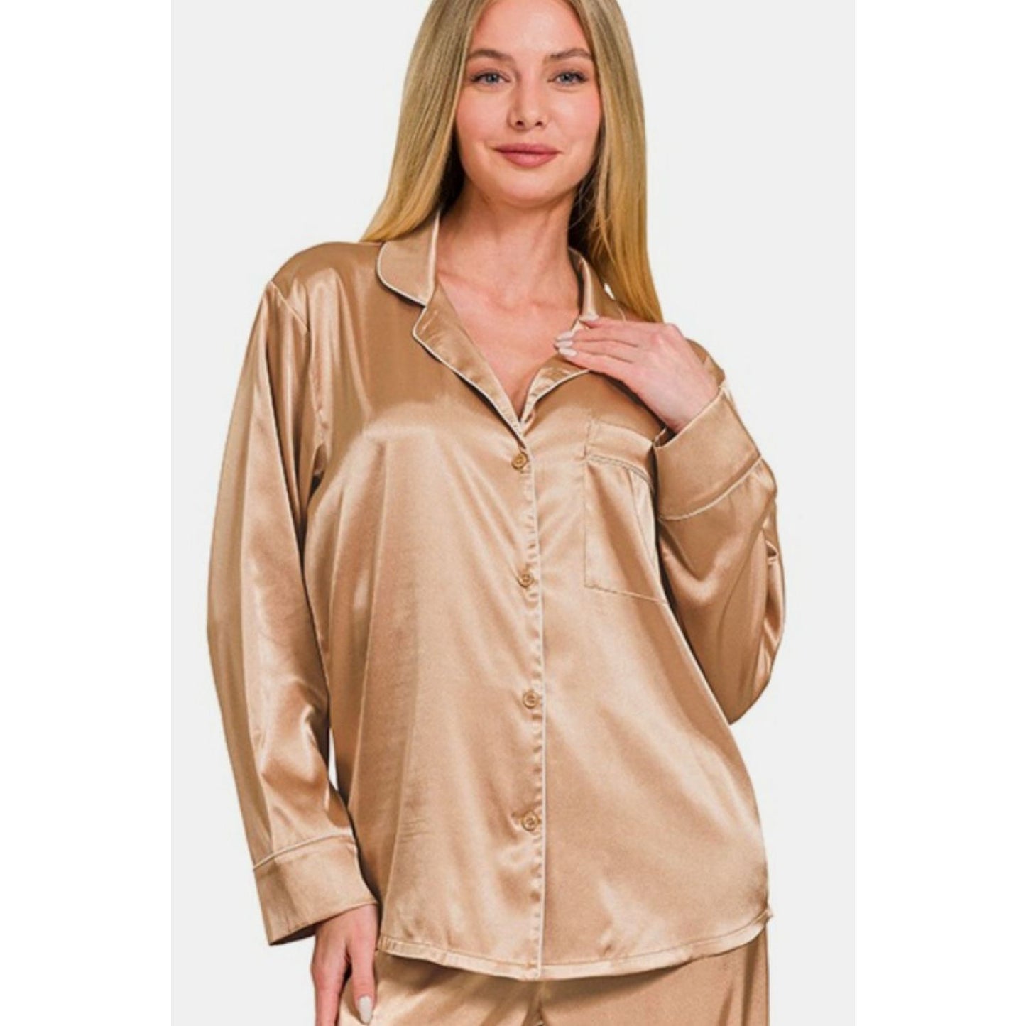 Zenana Satin Long Sleeve Shirt and Pants Pajama Set