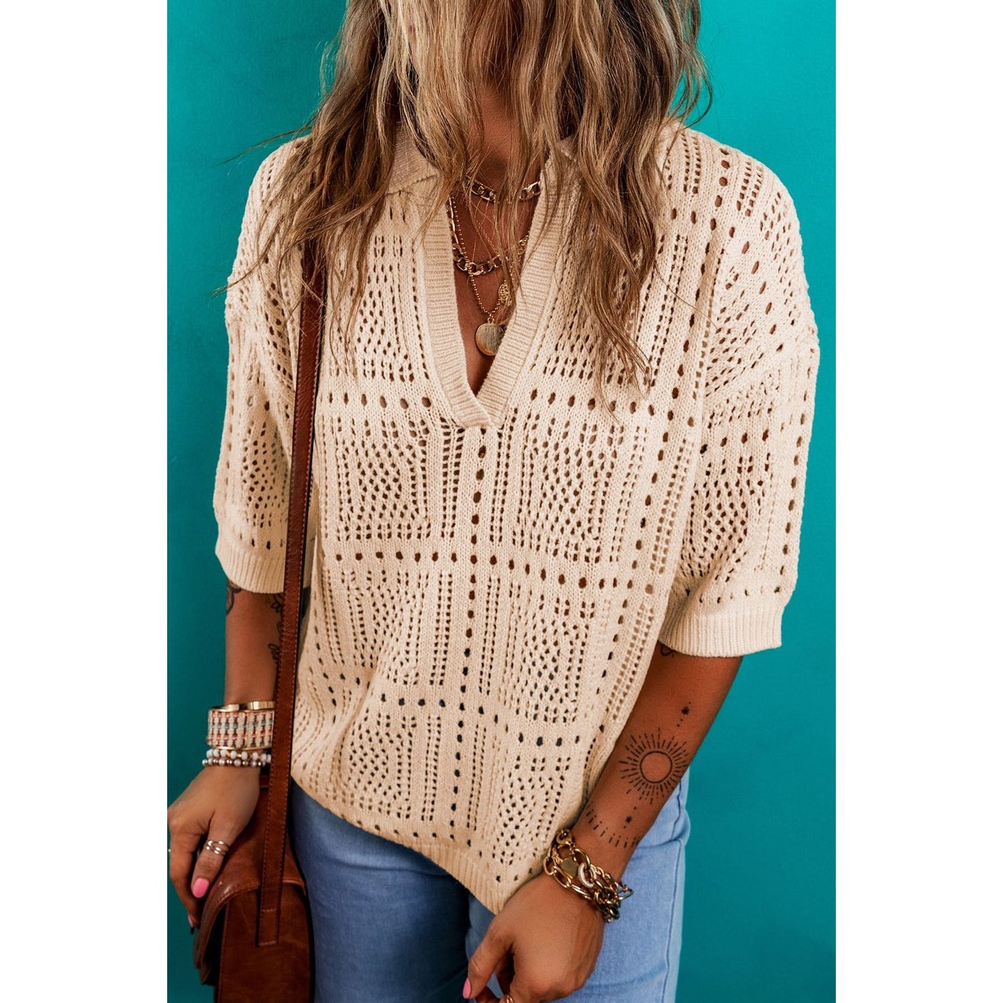 Openwork Johnny Collar Half Sleeve Knit Top