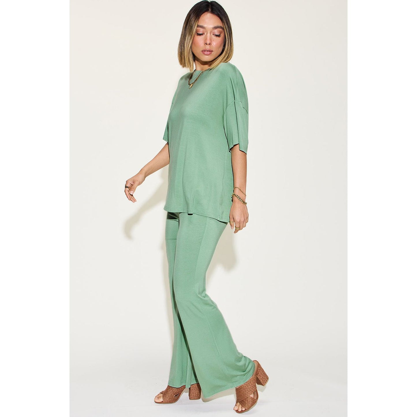 Basic Bae Full Size Bamboo Drop Shoulder T-Shirt and Flare Pants Set