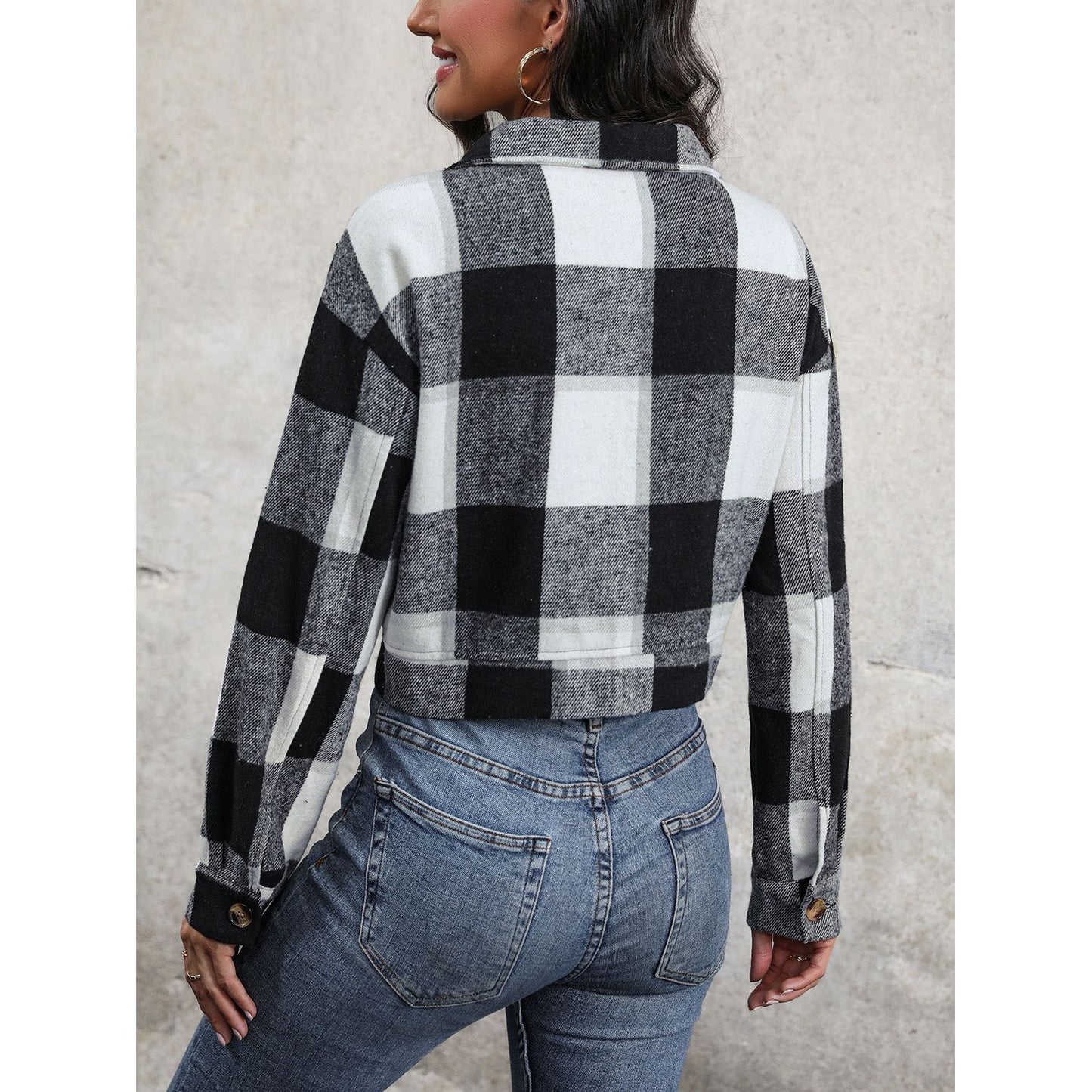 Perfee Plaid Button Up Drop Shoulder Cropped Jacket