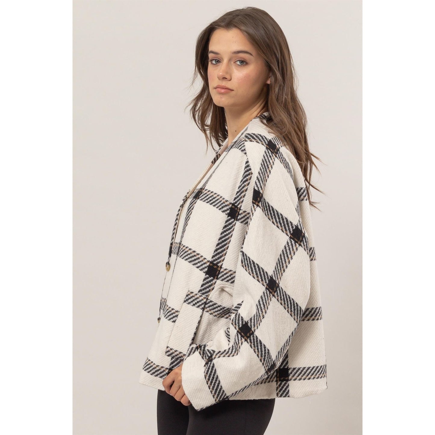 HYFVE Plaid Long Sleeve Jacket with Side Slit Pockets