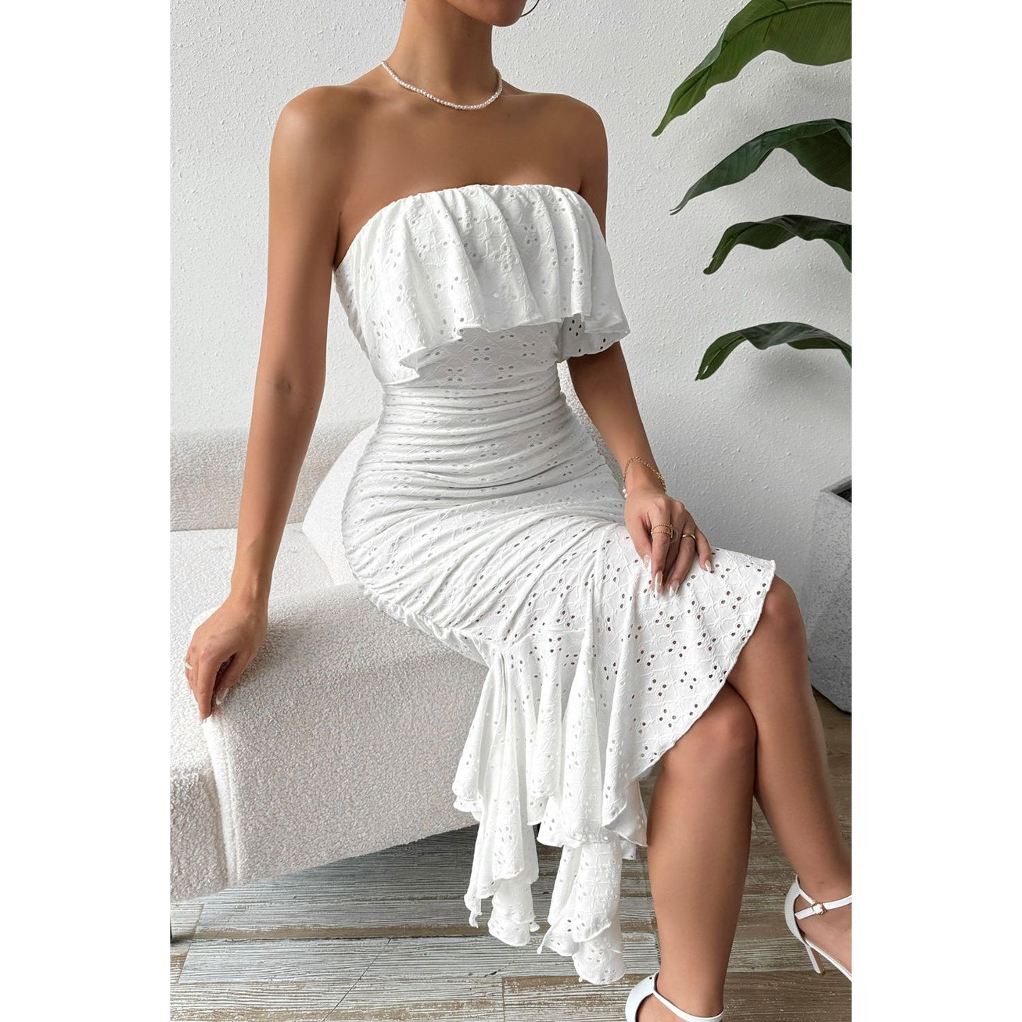 Honey Eyelet Ruffled Tube Sleeveless Midi Dress