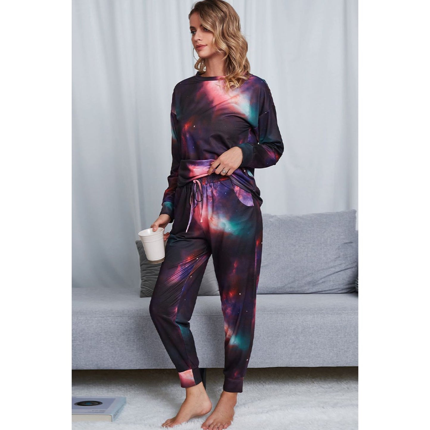 Shiny Tie-Dye Crewneck Top and Drawstring Waist Joggers Lounge Set