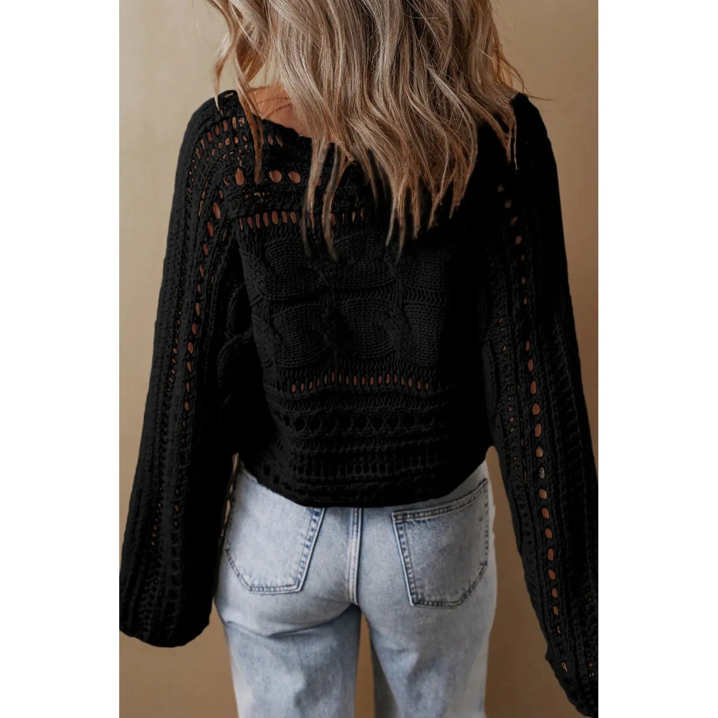 Cable-Knit Openwork Long Sleeve Sweater